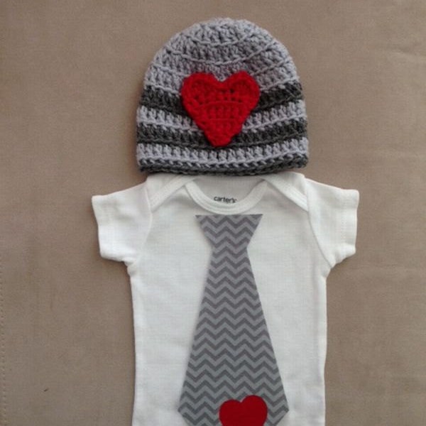 Reserved for J. Jackson - Valentine's Day outfit for boys - Chevron tie onesie w/heart and crochet charcoal and light grey w/ red heart hat