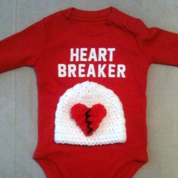 Valentine's outfit for baby boy or baby girl - Long-sleeved "Heart Breaker" onesie with matching crochet beanie hat