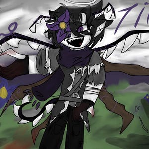Puede incluir: Una ilustración digital de un personaje con cabello negro, un accesorio de flor morada y un halo. El personaje tiene dientes afilados, alas oscuras con púas blancas y lleva una bufanda oscura. El texto "Two Time" está escrito en letra cursiva morada.