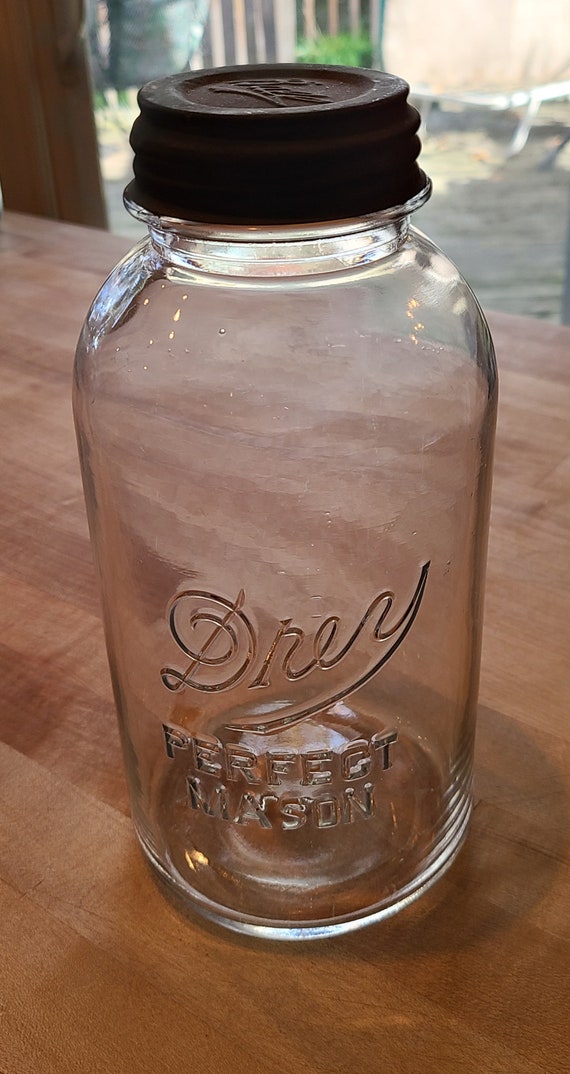 Antique Drey Perfect Mason Jar, Half Gallon 64oz Zinc and Glass Lid 