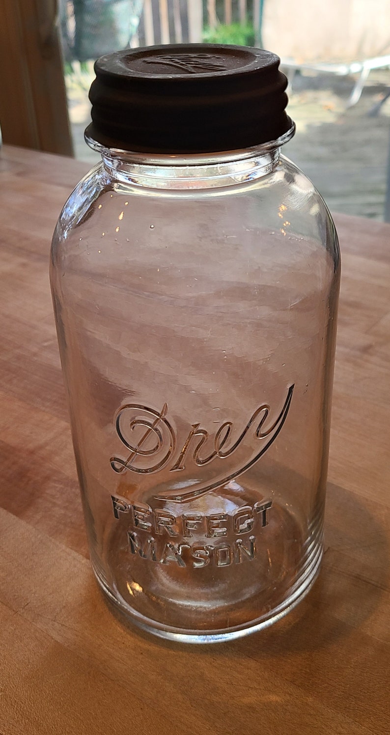 Antique Drey Perfect Mason Jar, Half Gallon 64oz Zinc and Glass Lid Etsy