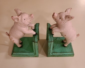 Vintage Cast Iron Little Pink Piggy Bookends