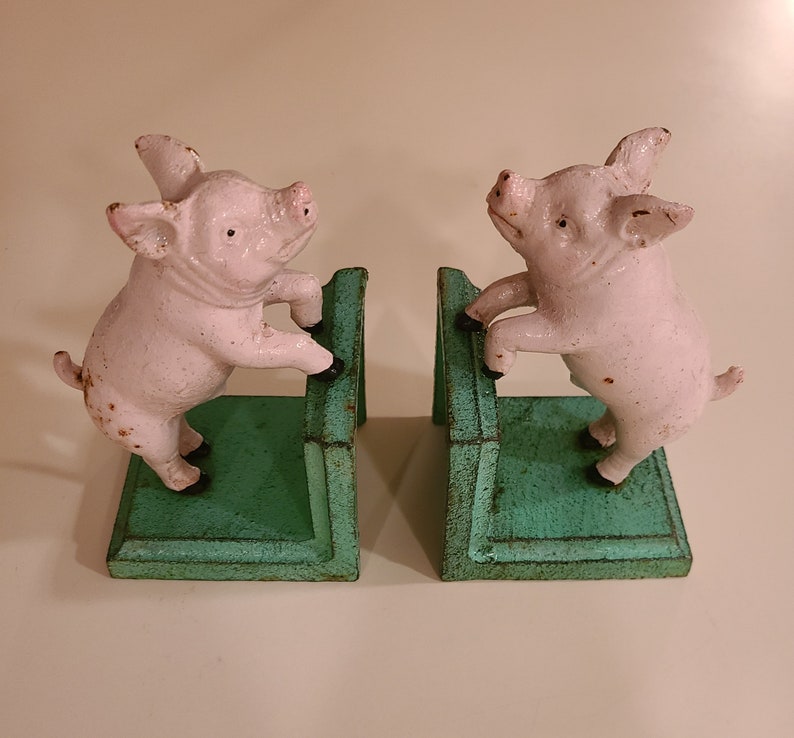 Vintage Cast Iron Little Pink Piggy Bookends image 1