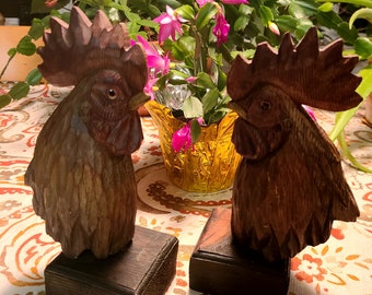 Vintage Wooden Hand Carved Rooster Bookends