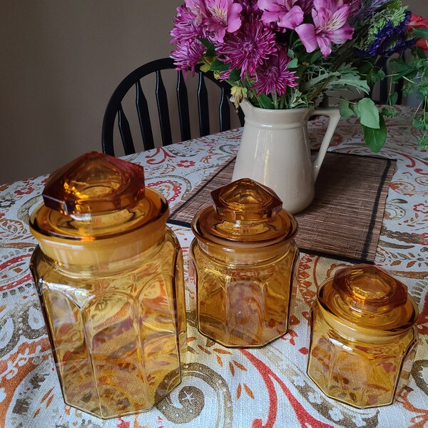 Set De 4 Bocaux De Cuisine En Verre Ambre Texturé L.E. Smith – Design McM Années 60 – Rare