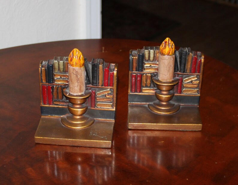 Vintage Bookcase With Candle Bookends Etsy