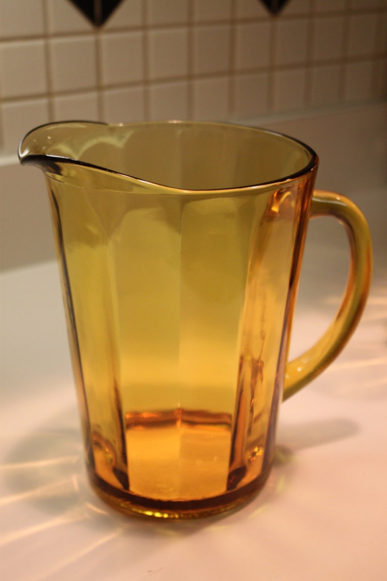 Vintage Amber Glass Pitcher With 8 Tall Drinking Glasses Etsy