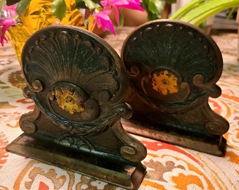 Antique Cast Iron Bookends, Vintage Pair Floral Bookends