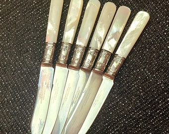 Antique Set of Landers, Frary & Clark Silver Plated Knives with Mother of Pearl Handles Cloth Bag Storage