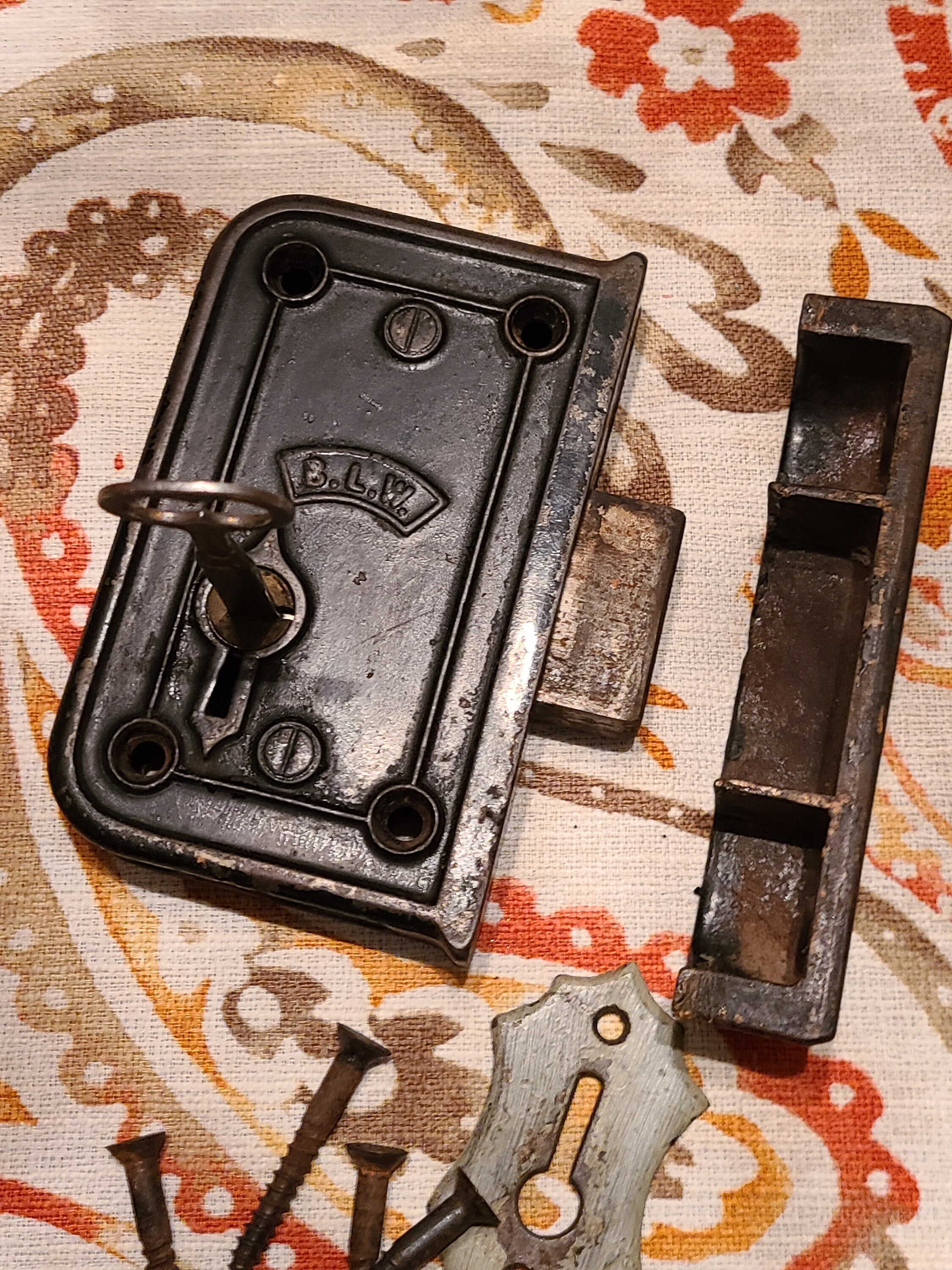 Extra Rare Find Antique B.L.W. Branford Lock Works, Vertical Rim Lock