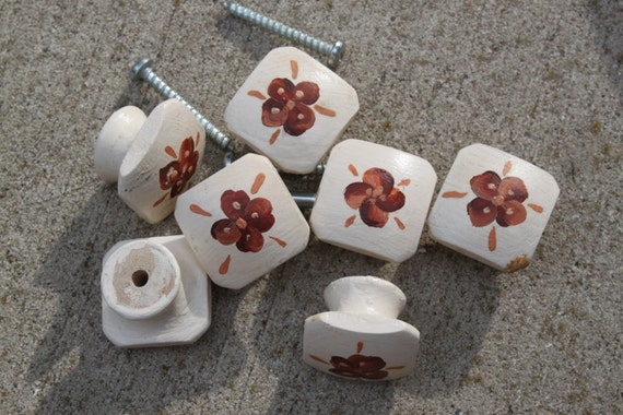 Vintage Square Shaped Wood Drawer Pulls With Hand Painted Etsy