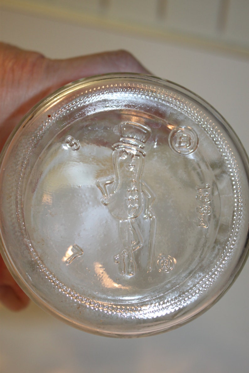 Vintage 1984 Planters Peanuts Jar With Lid Pressed Glass Advertising Mr Peanut Canister Container Jar