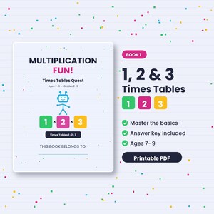 May include: A printable PDF educational workbook titled Multiplication Fun! Times Tables Quest for ages 7-9. The cover features a blue robot, colorful squares with numbers 1, 2, and 3, and text indicating it covers 1, 2 & 3 Times Tables with an answer key.