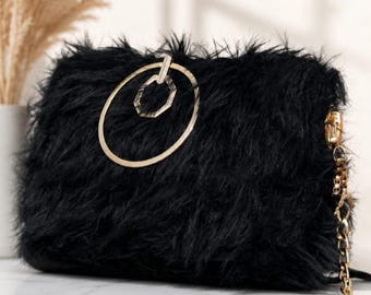 luxury black plush bag - soft faux fur crossbody bag - handmade black bag