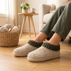 May include: A pair of handmade crochet slippers featuring a cream-coloured base with a thick, ribbed forest green cuff and a thin copper-coloured trim along the top edge. The slippers have a textured, chunky knit appearance and a rounded toe design.