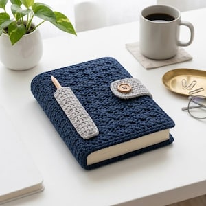 May include: A rectangular notebook encased in a dark blue crocheted cover with a textured pattern. It features a light grey crocheted pen holder containing a wooden pencil and a matching light grey crocheted strap secured by a single brown button.