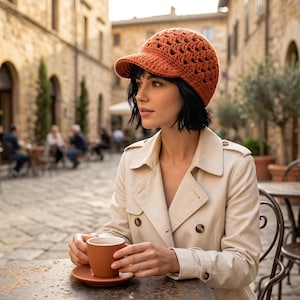 May include: A burnt orange crochet cap with a structured brim and a textured, open-stitch pattern. The hat features a rounded crown and a solid, reinforced visor, crafted from yarn in a warm, earthy tone, providing a distinct, handcrafted appearance.