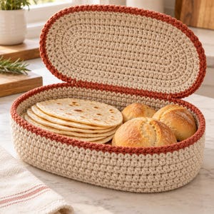 May include: An oval-shaped, cream-colored crocheted basket with a rust-colored trim and an attached upright lid. The basket contains a stack of flat round tortillas and two round bread rolls, showcasing a textured yarn construction.