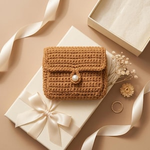 May include: A small, square, tan crochet pouch featuring a single white pearl button closure on the front flap. The pouch is textured with a dense, uniform stitch pattern and is presented as a gift item with a ribbon and decorative dried flowers.