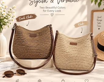 Woven Straw Crossbody Bag: Summer Beach Shoulder Handbag (Beige, Dark Khaki)