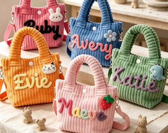 Personalized Toddler Purse with Cute Charm Custom Name Corduroy Kids Crossbody Bag Birthday Gift Preschool Daycare Bag/Handmade Yarn Letters