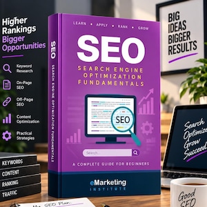May include: A purple book titled SEO Search Engine Optimization Fundamentals, A Complete Guide for Beginners by eMarketing Institute. The cover features a computer monitor with a magnifying glass over the text SEO and a search bar graphic.