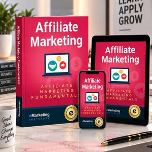 Peut inclure: Un livre physique, une tablette et un smartphone affichant le cours Affiliate Marketing Fundamentals. Chaque appareil présente une couverture rose vif avec le texte Affiliate Marketing, une icône d'ordinateur et le logo eMarketing Institute.