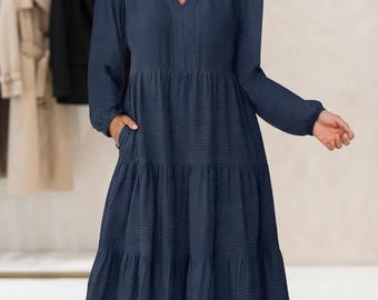 Women's Long Sleeve Tiered Midi Dress, V-Neck Flowy Casual Swing Outfit