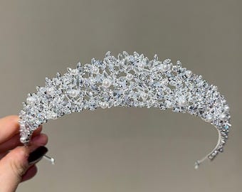 Diadema da sposa fatto a mano con perle e zirconi, corona nuziale in argento