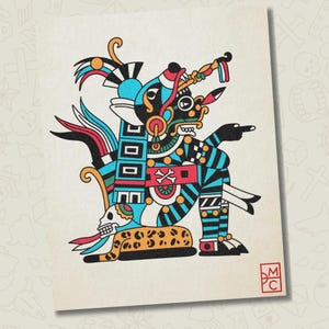 May include: A graphic art print featuring a stylised figure in a seated position, adorned with vibrant blue, black, red and yellow patterns. The figure includes a skull motif, leopard print base, and a small red MC square logo in the bottom corner.