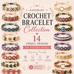 Può includere: Una collezione di 14 braccialetti all'uncinetto fatti a mano con vari motivi floreali, geometrici e a forma di cuore con perline e ciondoli. Il testo recita HANDMADE CROCHET BRACELET Collection 14 UNIQUE DESIGNS PDF PATTERN BUNDLE Beginner Friendly.