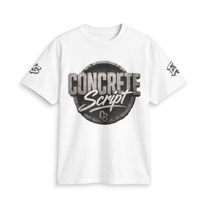May include: A white short-sleeve t-shirt featuring a central graphic of a dark grey circular emblem with the text CONCRETE in block letters and Script in white cursive. A small CS logo is at the bottom, with additional logos on each sleeve.