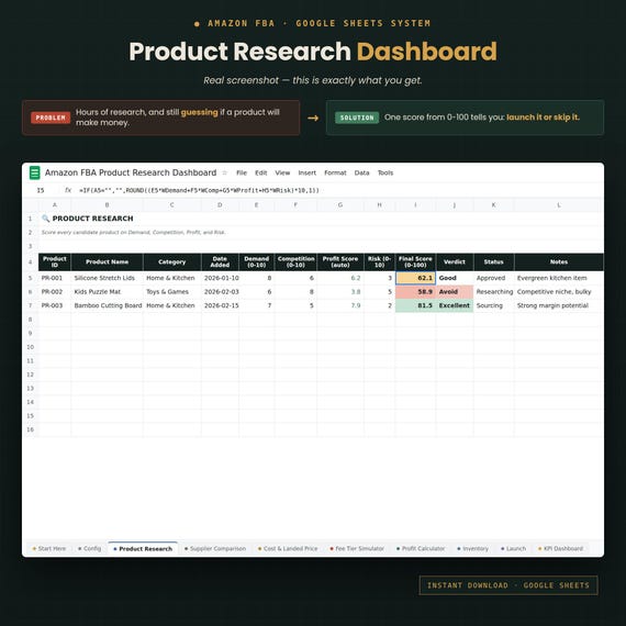 Amazon FBA Product Research Spreadsheet, Profit Calculator & Fee Tracker, Google Sheets Seller Dashboard, Instant Download