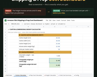 Amazon FBA Shipping Cost Calculator | Prep & Freight Dashboard Google Sheets | Landed Cost Tool | FBA Seller Spreadsheet