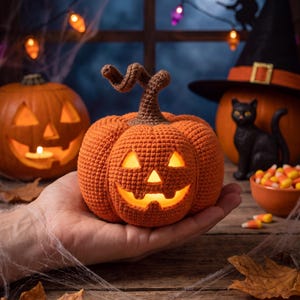 Halloweenpumpa-virkmönster, Amigurumi Jack O'Lantern PDF, Glow Light Pumpkin Plushie-handledning, Höstdekor DIY, Direktnedladdning