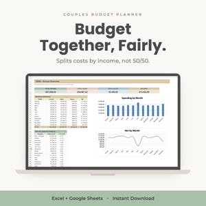 Peut inclure: Un planificateur de budget numérique pour couples affiché sur un écran d'ordinateur portable. L'interface présente le texte "COUPLES BUDGET PLANNER", "Budget Together, Fairly.", et "Splits costs by income, not 50/50.", avec des tableaux et graphiques.
