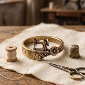 Anel para Máquina de Costura, Anel Vintage Ajustável para Costureira, Anel de Flor em Bronze Antigo, Presente para Costureira e Amante da Costura