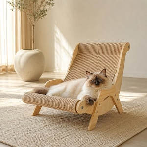 May include: A light-coloured wooden cat lounge chair featuring a textured, woven sisal fabric surface for scratching and resting. A fluffy, cream and brown colour-pointed cat is lying comfortably on the curved seat of the wooden furniture piece.