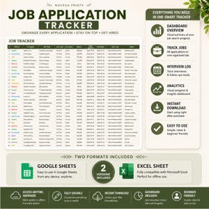 May include: A digital job application tracker template featuring a detailed spreadsheet with columns for status, company, job title, and salary. The layout includes a sidebar with feature icons and a section highlighting compatibility with Google Sheets and Excel.