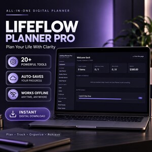 Pode incluir: Um portátil exibindo a interface digital LifeFlow Planner Pro com um tema escuro. O ecrã mostra um painel com agenda, hábitos e objetivos. O texto inclui 20+ Powerful Tools, Auto-Saves, Works Offline e Instant Digital Download.
