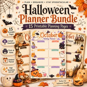 May include: A Halloween planner bundle featuring 15 printable pages with a weekly planner sheet in the center. The design includes illustrations of ghosts, pumpkins, cats, bats, and potions in orange, purple, and cream colors with text.