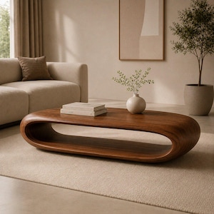 Mesa de centro escultural de madera, mesa ovalada moderna orgánica con forma de bucle, mesa de centro curva de nogal para sala de estar, muebles Japandi