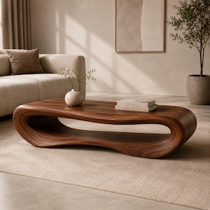 Mesa de centro escultural de madera maciza, mesa de centro moderna orgánica de nogal, muebles minimalistas curvos para sala de estar, mesa auxiliar hecha a mano.