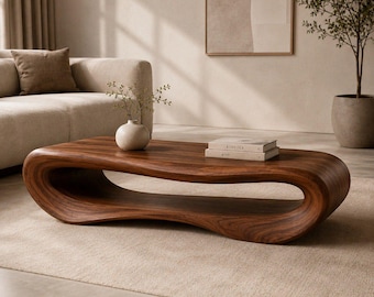 Tavolino da caffè scultoreo in legno massello, tavolino centrale moderno organico in noce, mobili da soggiorno minimalisti e curvi, tavolino d'appoggio fatto a mano