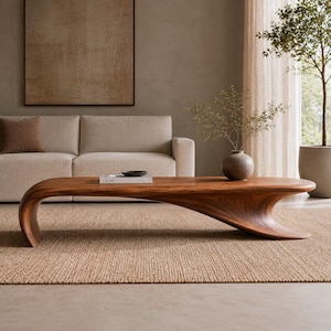Mesa de centro escultural de madera, mesa moderna orgánica curvada de nogal, mueble auxiliar minimalista para sala de estar.