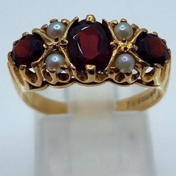 9ct Gold Ring Mint Garnet & Pearl Victorian Style UK Ring Size: N - 9ct Yellow Gold