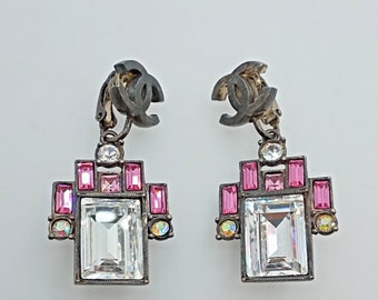 Authentic Pink Chanel CC Earrings Bijoux Baguette Signed Clip on Earrings