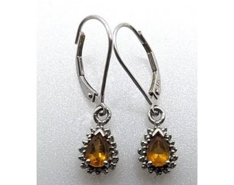 9ct Gold Drop Earrings Pear Drop Citrine Tangerine Earrings - 9ct white gold