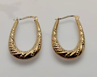 9ct Yellow Gold Creole Hoop Earrings Hinged Closure Embossed Pattern