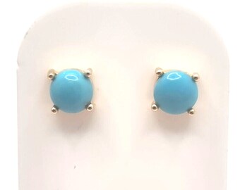 9ct Gold Stud Earrings Round Cabochon Turquoise Stud Earrings - 9ct Yellow Gold